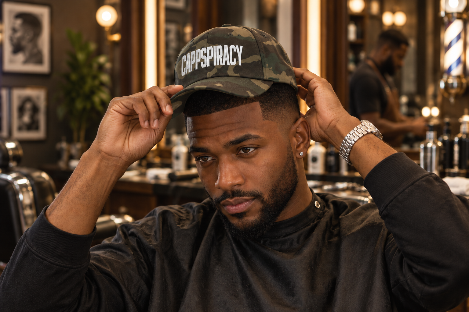 Man in a barbershop adjusting the Camo CAPPSPIRACY satin-lined cap over a fresh cut